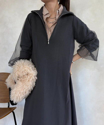 袖部網紗半拉鍊連衣裙