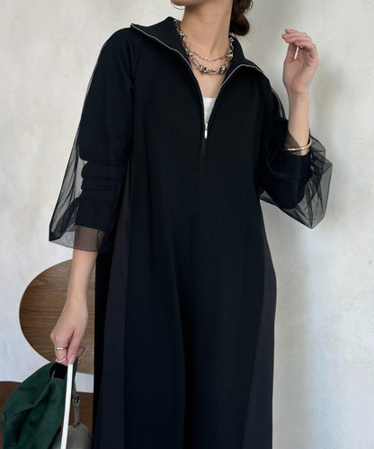 袖部網紗半拉鍊連衣裙