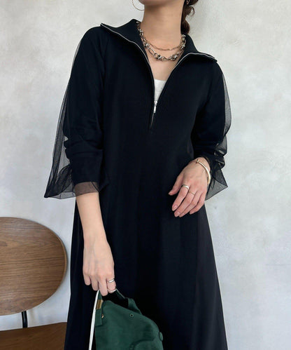 袖部網紗半拉鍊連衣裙