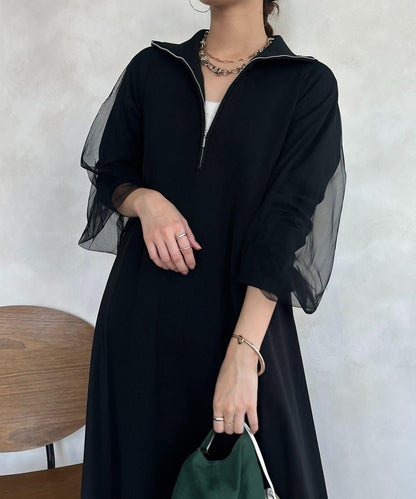 袖部網紗半拉鍊連衣裙