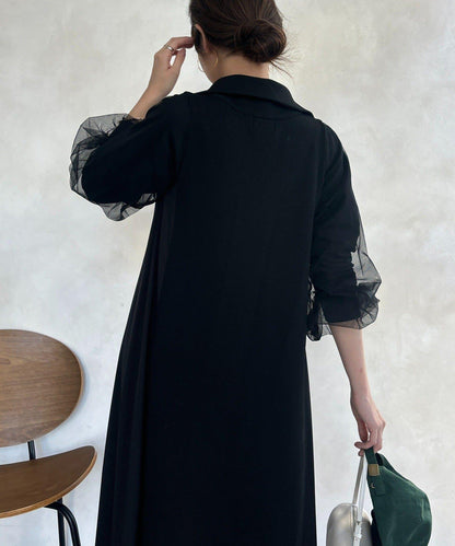 袖部網紗半拉鍊連衣裙