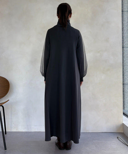 袖部網紗半拉鍊連衣裙