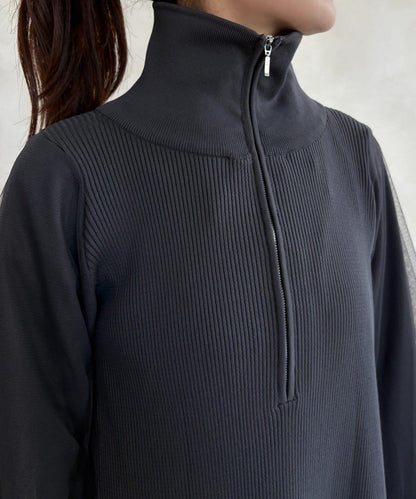 袖部網紗半拉鍊連衣裙