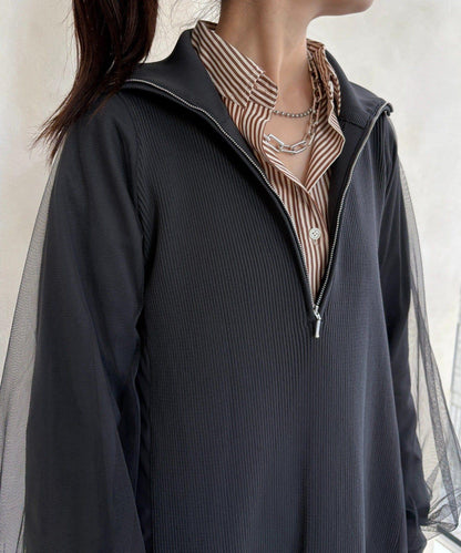 袖部網紗半拉鍊連衣裙