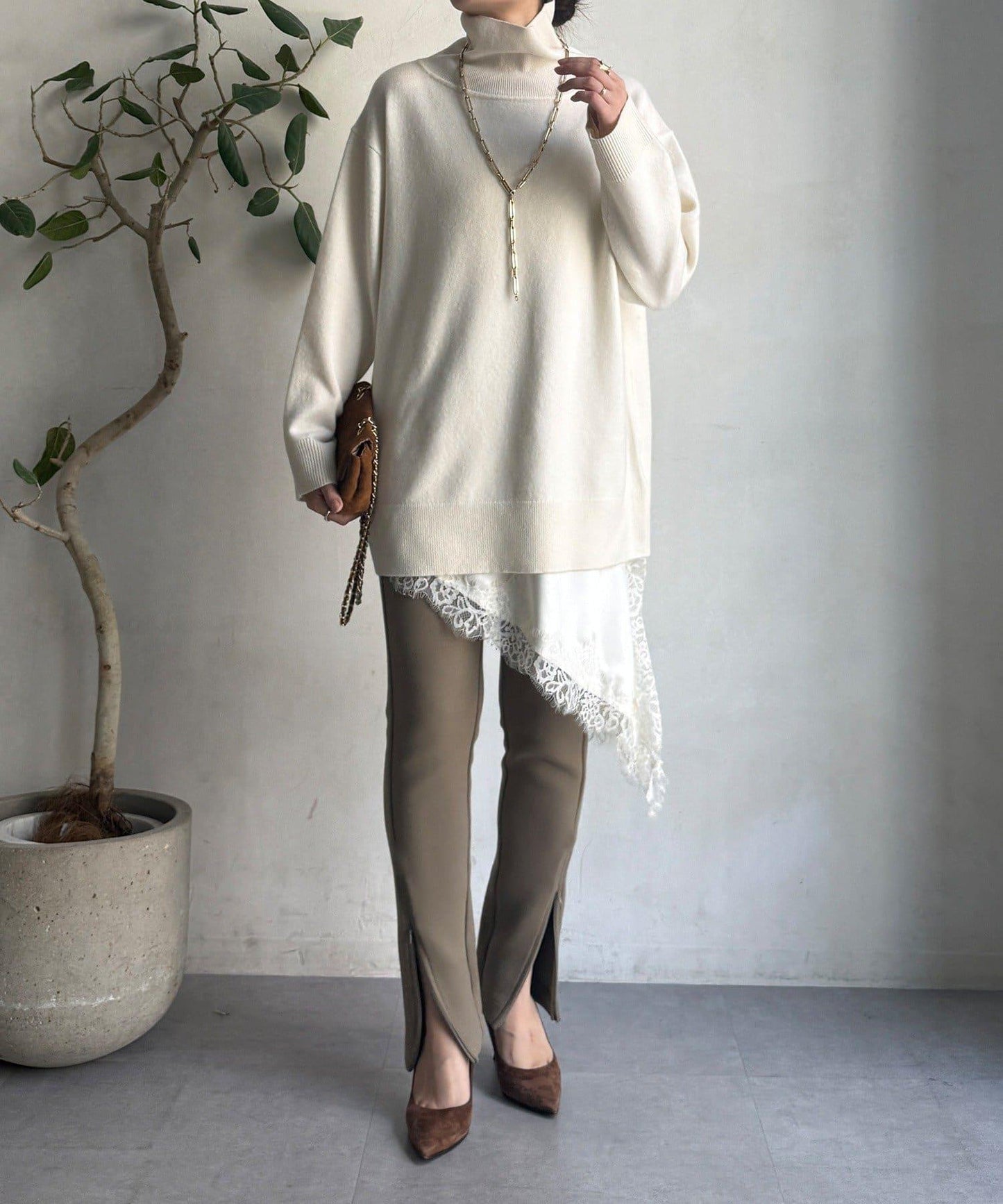 羊毛混紡高領長款上衣