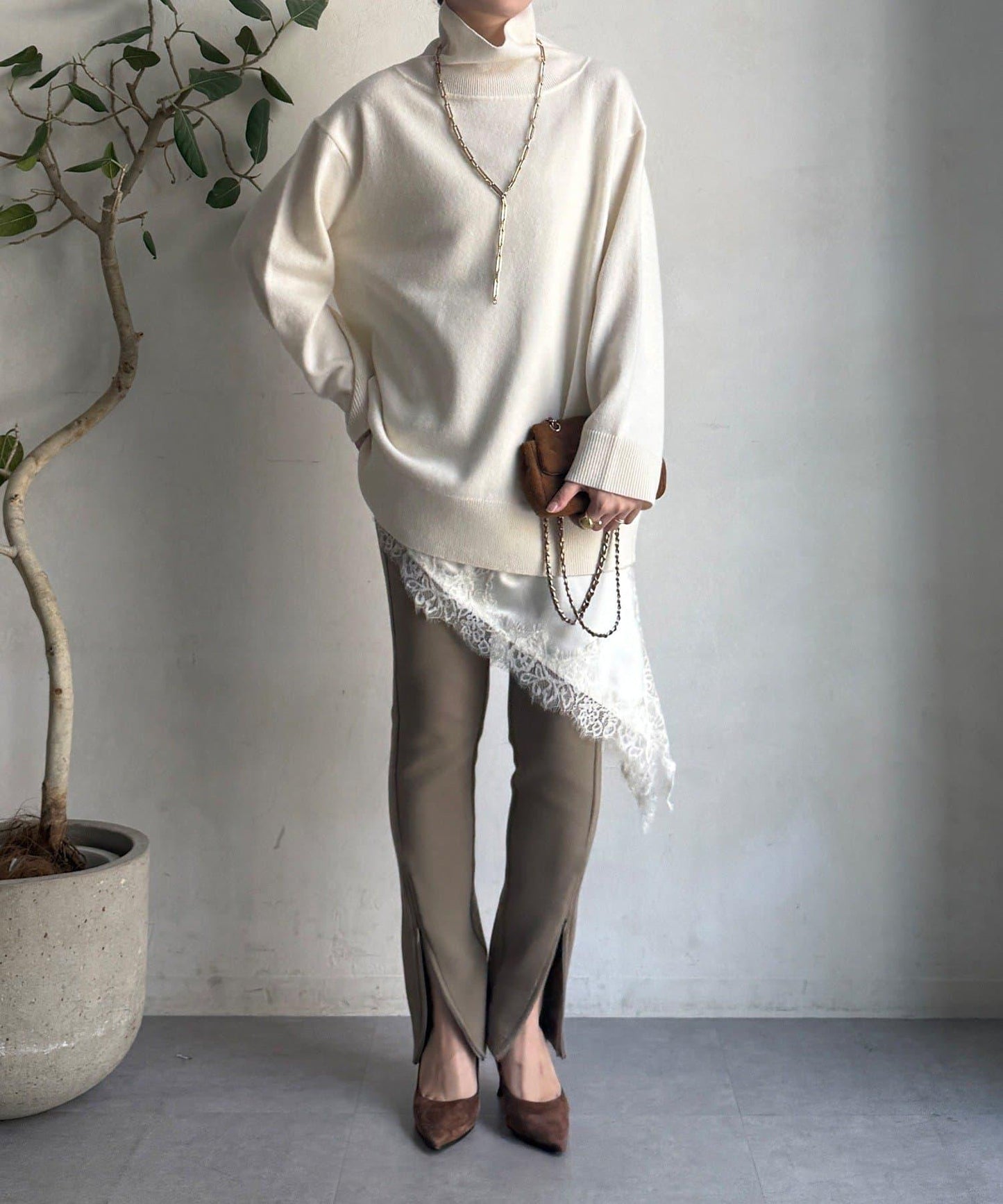 羊毛混紡高領長款上衣