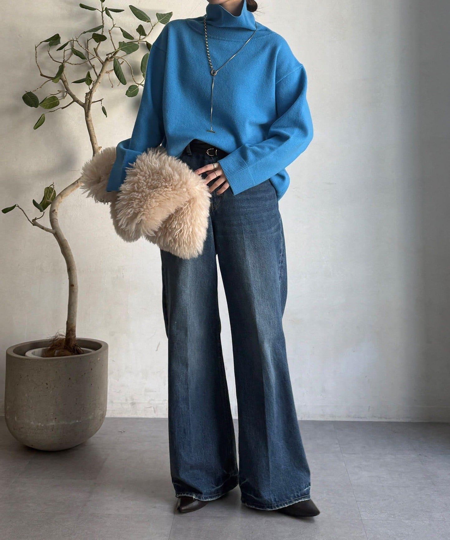 羊毛混紡高領長款上衣