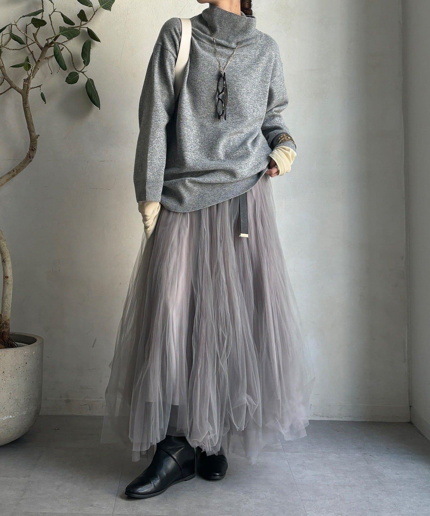 羊毛混紡高領長款上衣