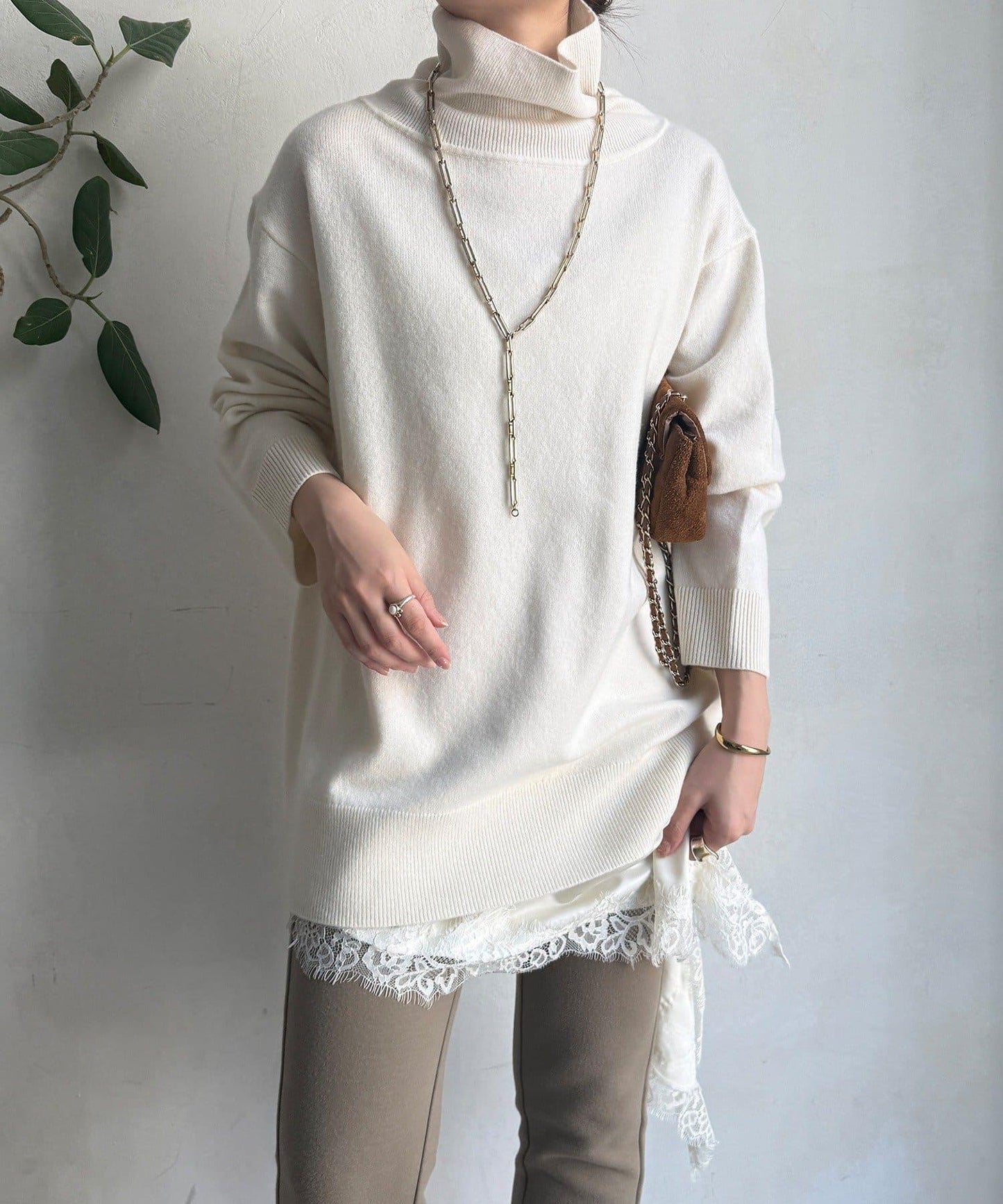 羊毛混紡高領長款上衣