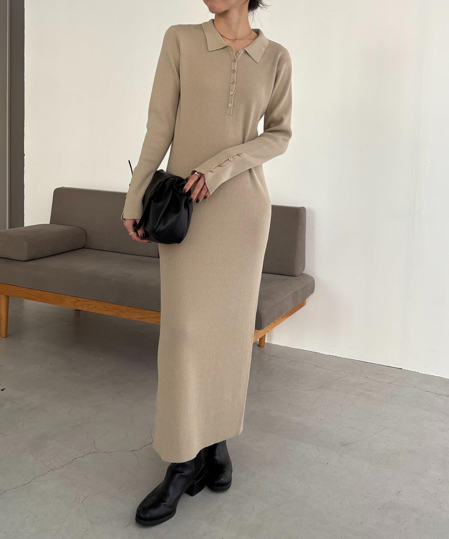 【有小個子尺碼】翻領針織連衣裙