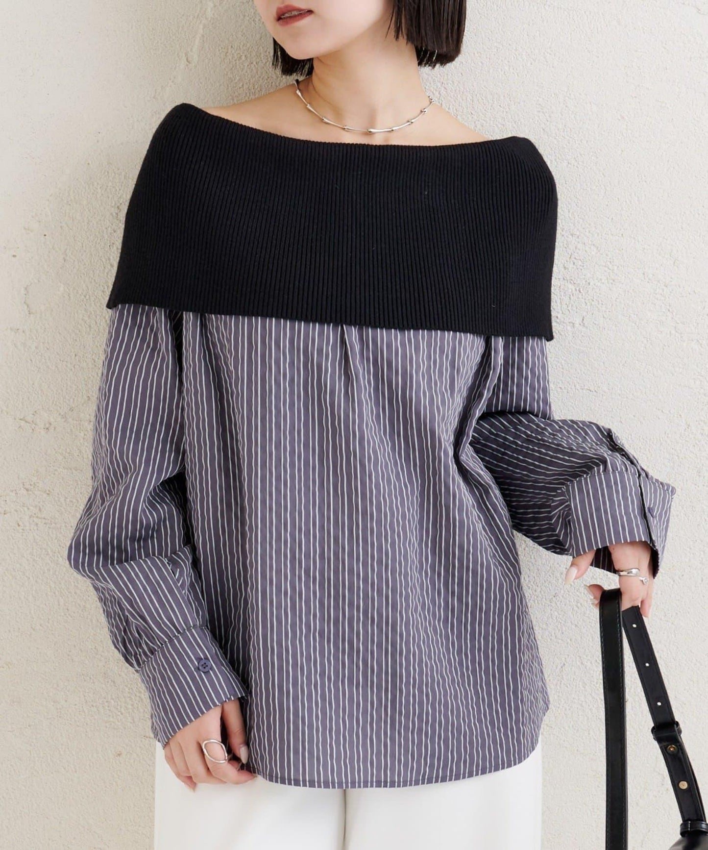 一字肩羅紋條紋襯衫