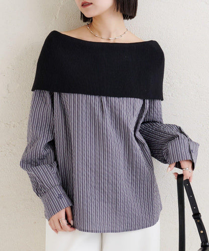 一字肩羅紋條紋襯衫