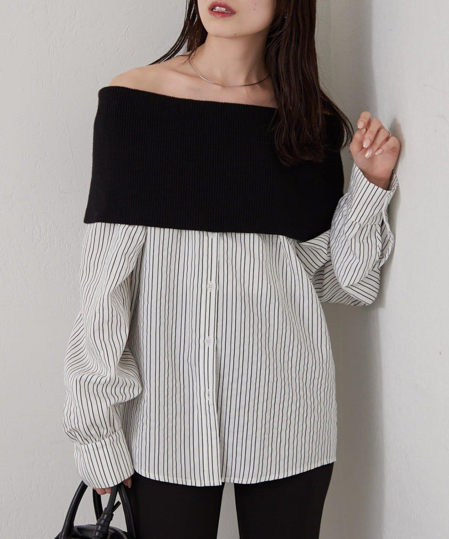 一字肩羅紋條紋襯衫