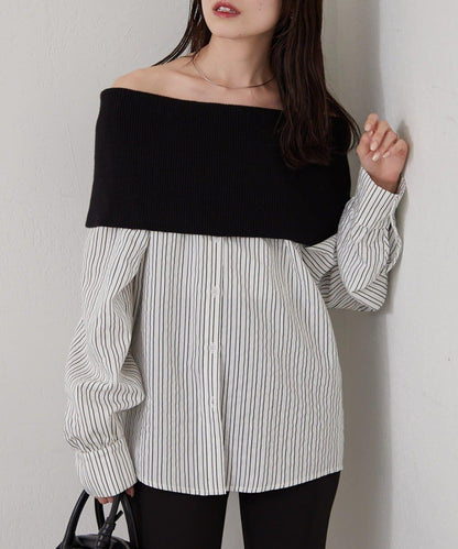 一字肩羅紋條紋襯衫
