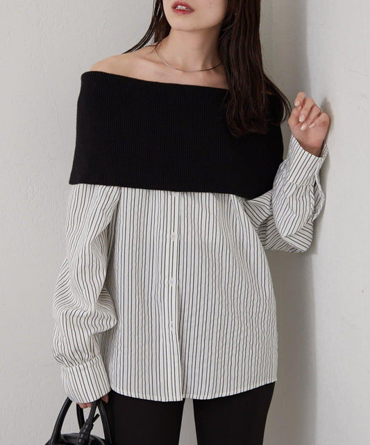 一字肩羅紋條紋襯衫