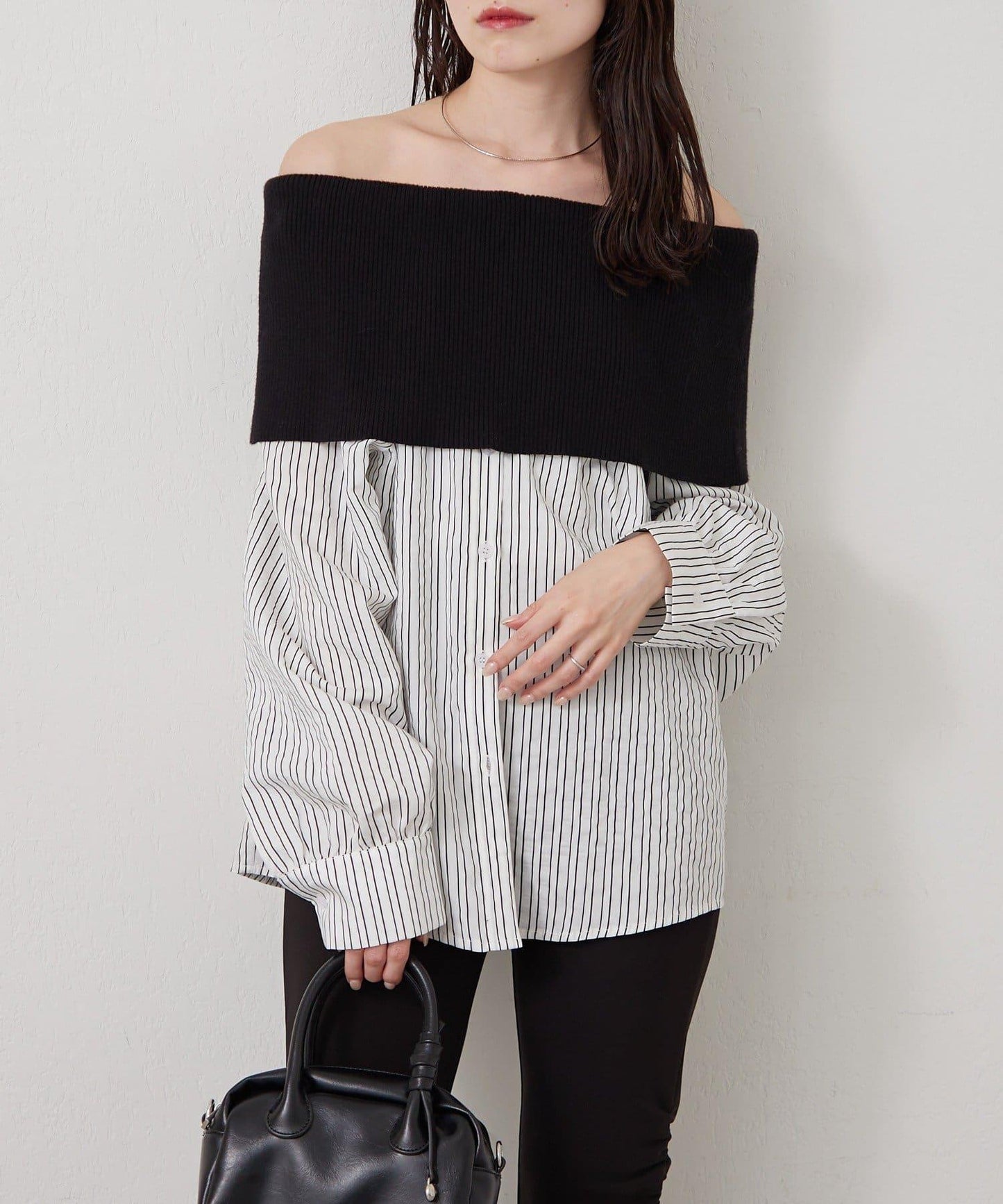 一字肩羅紋條紋襯衫