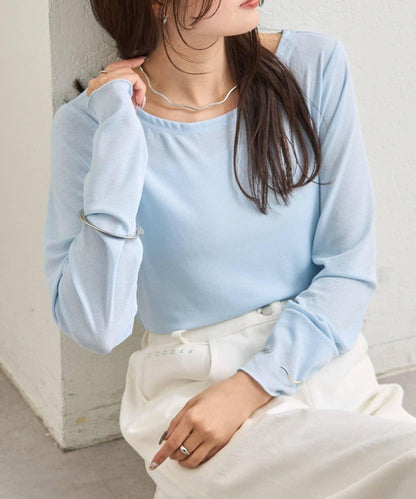 下襬褶皺透視長袖T恤