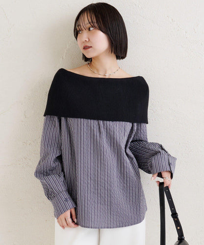 一字肩羅紋條紋襯衫