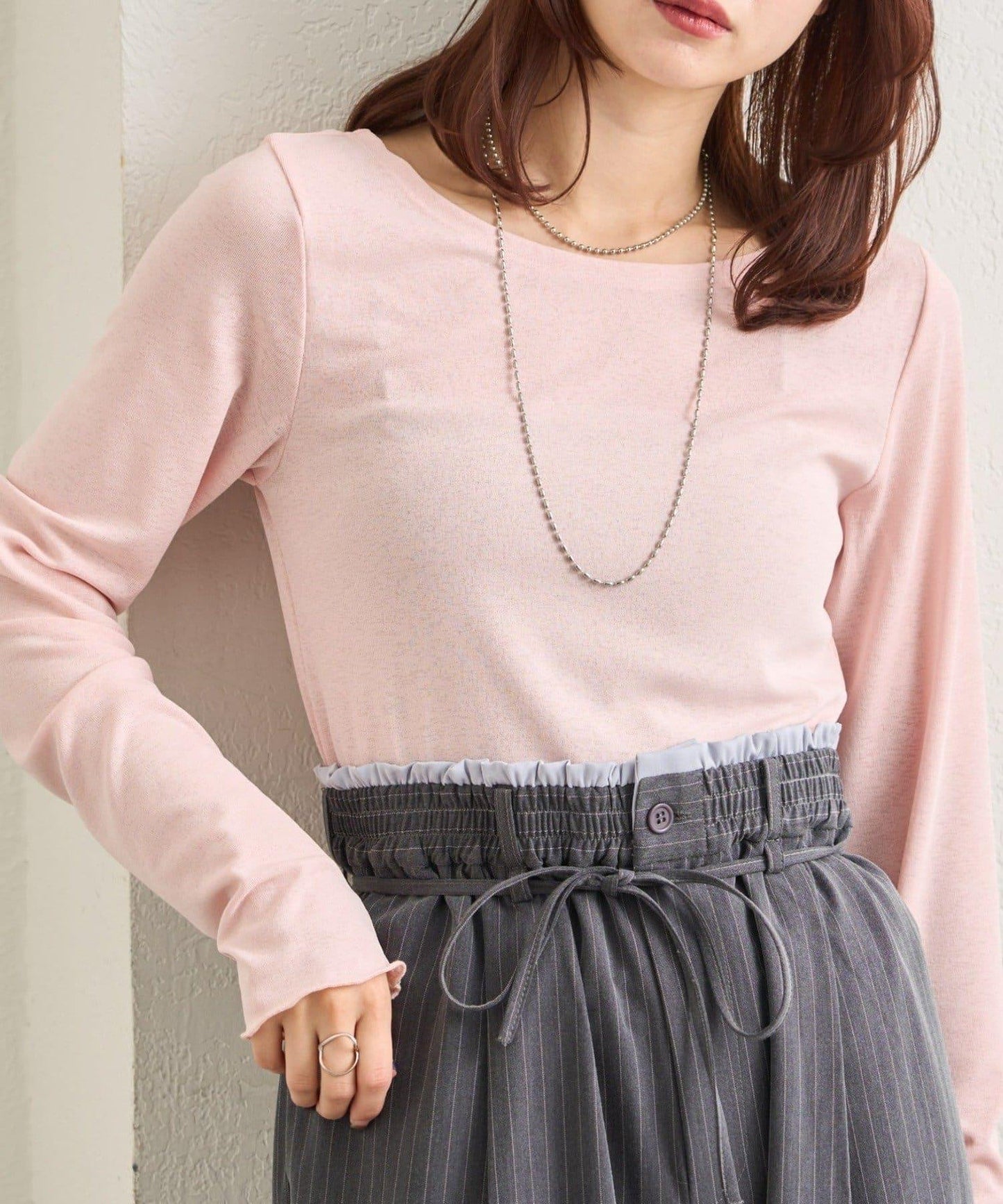 下襬褶皺透視長袖T恤