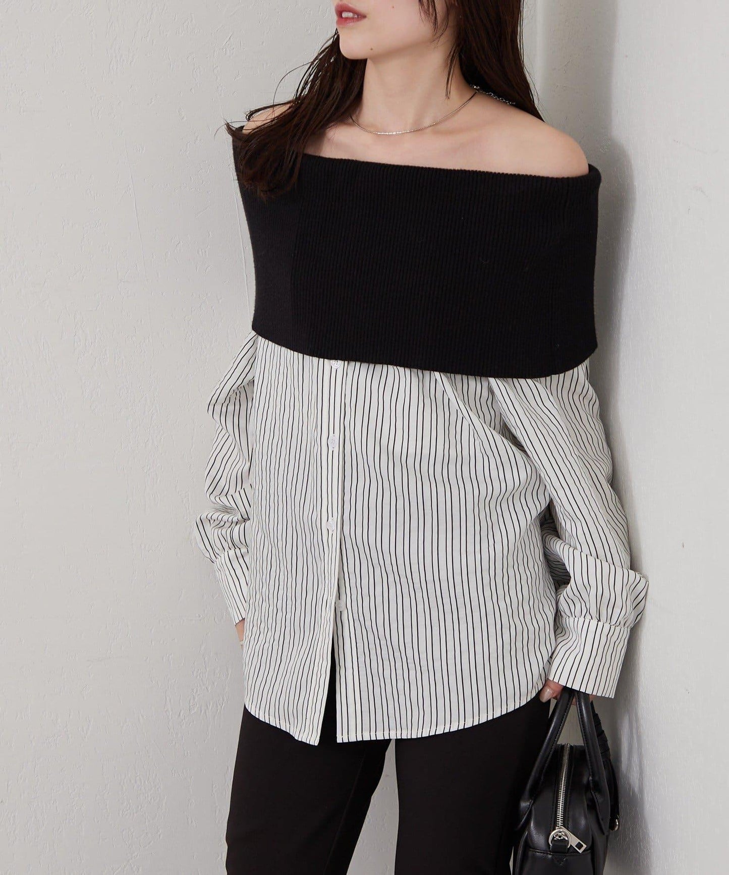 一字肩羅紋條紋襯衫
