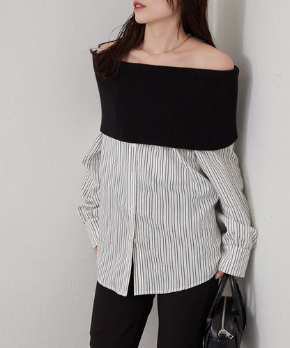 一字肩羅紋條紋襯衫