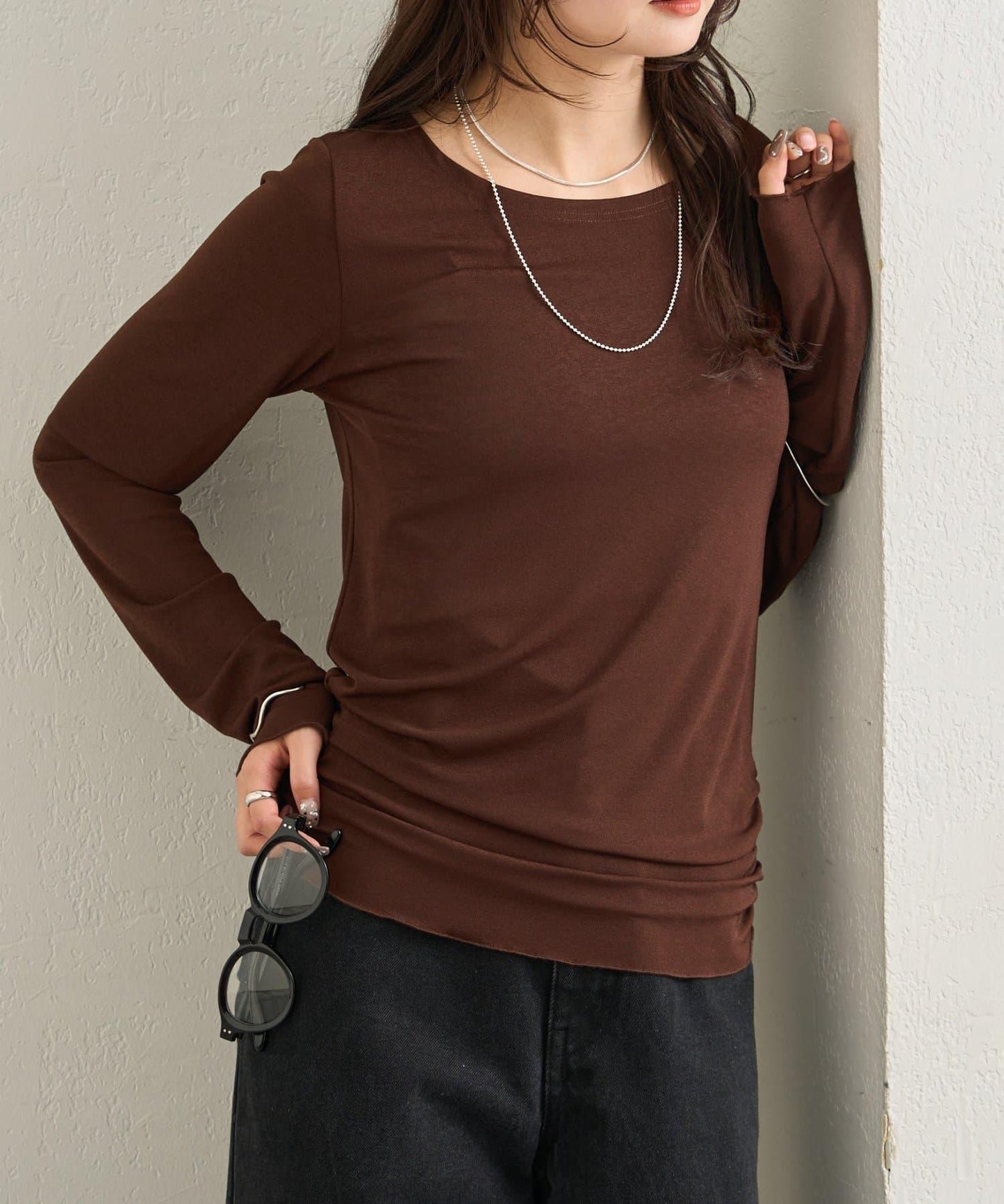 下襬褶皺透視長袖T恤