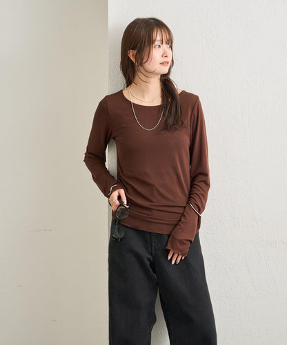 下襬褶皺透視長袖T恤