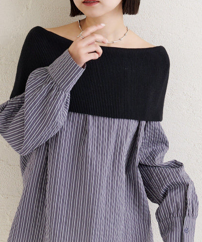 一字肩羅紋條紋襯衫