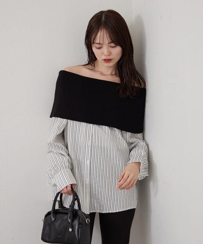 一字肩羅紋條紋襯衫