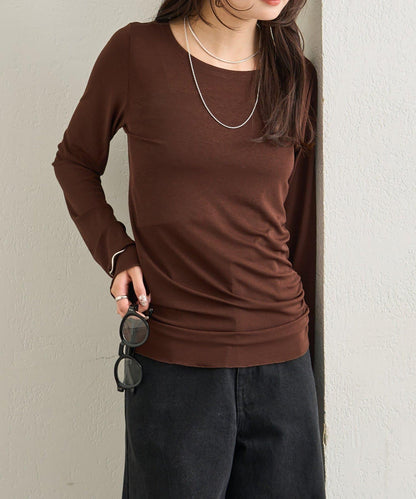 下襬褶皺透視長袖T恤