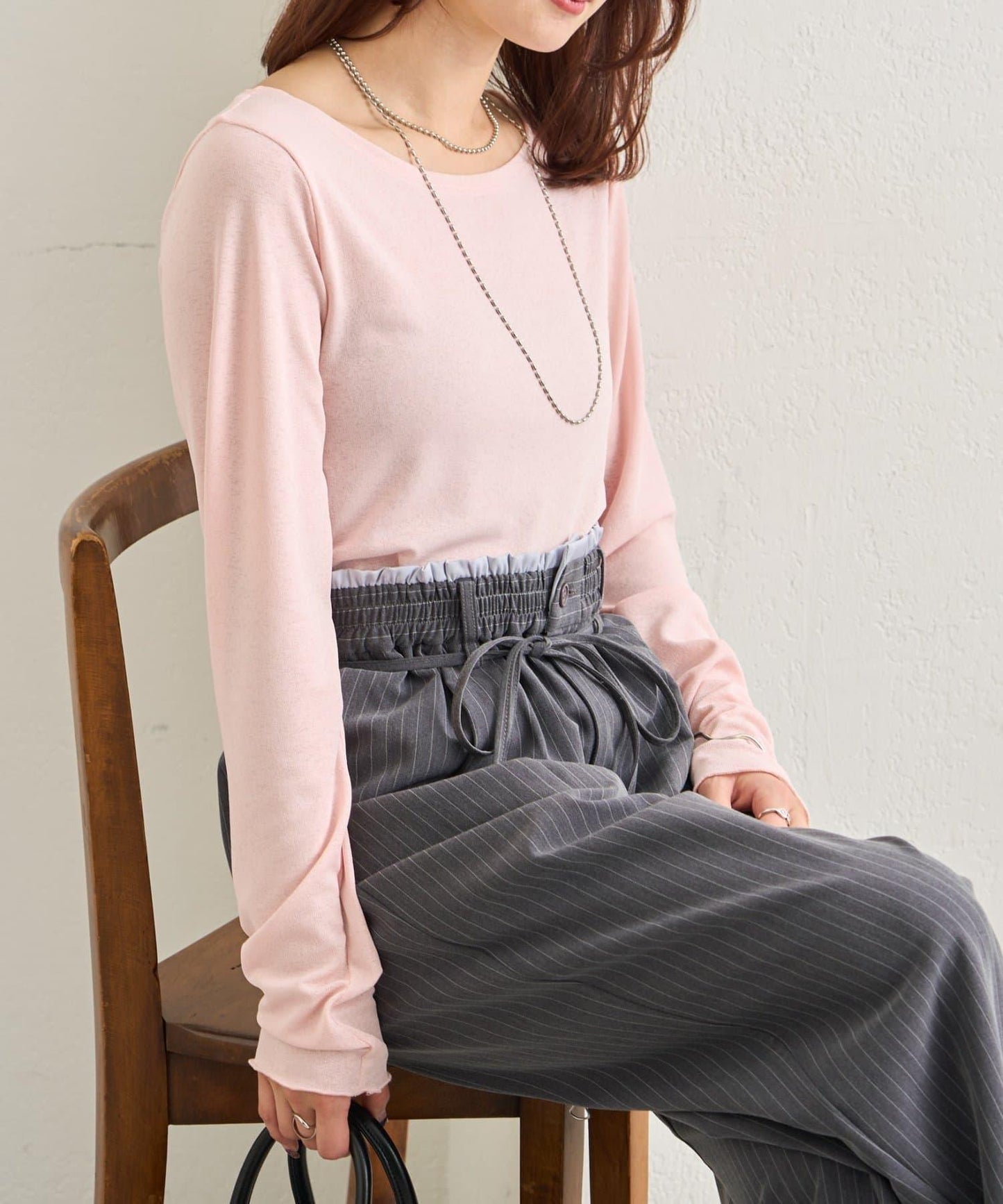 下襬褶皺透視長袖T恤