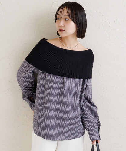 一字肩羅紋條紋襯衫