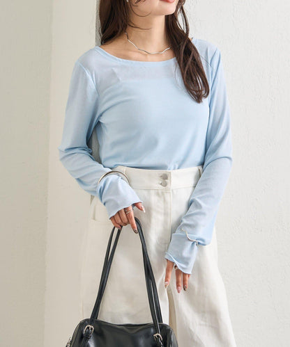 下襬褶皺透視長袖T恤