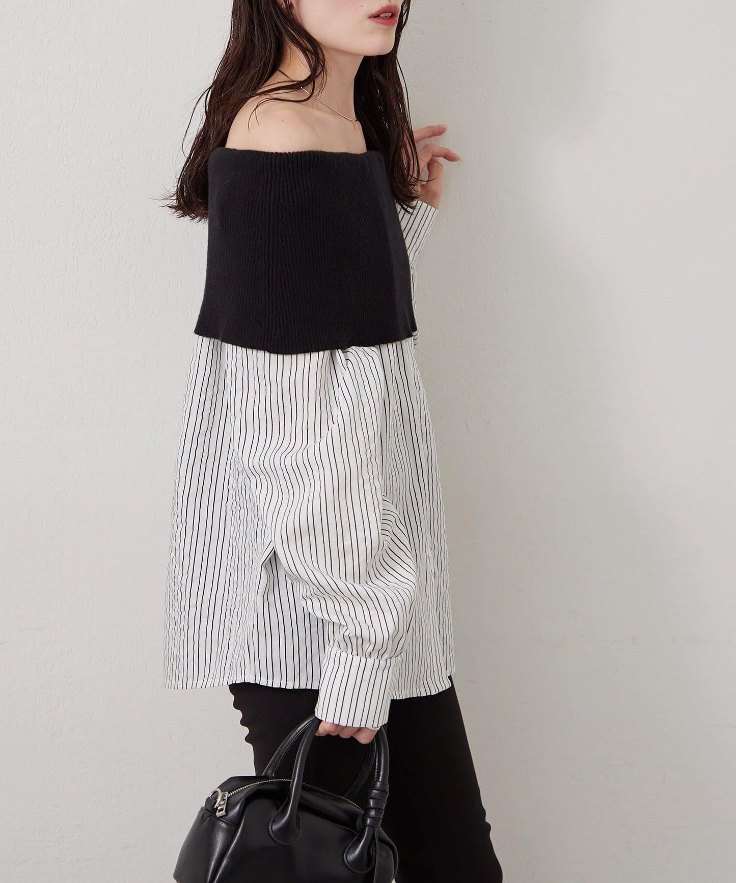 一字肩羅紋條紋襯衫