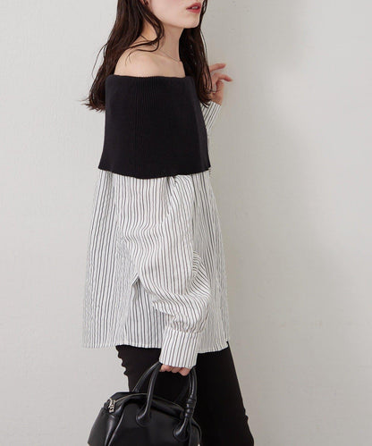 一字肩羅紋條紋襯衫