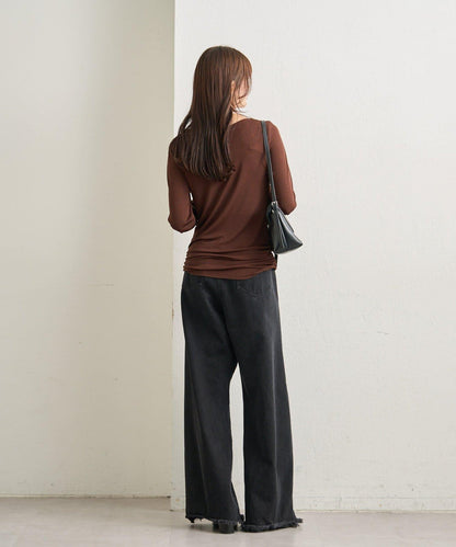 下襬褶皺透視長袖T恤