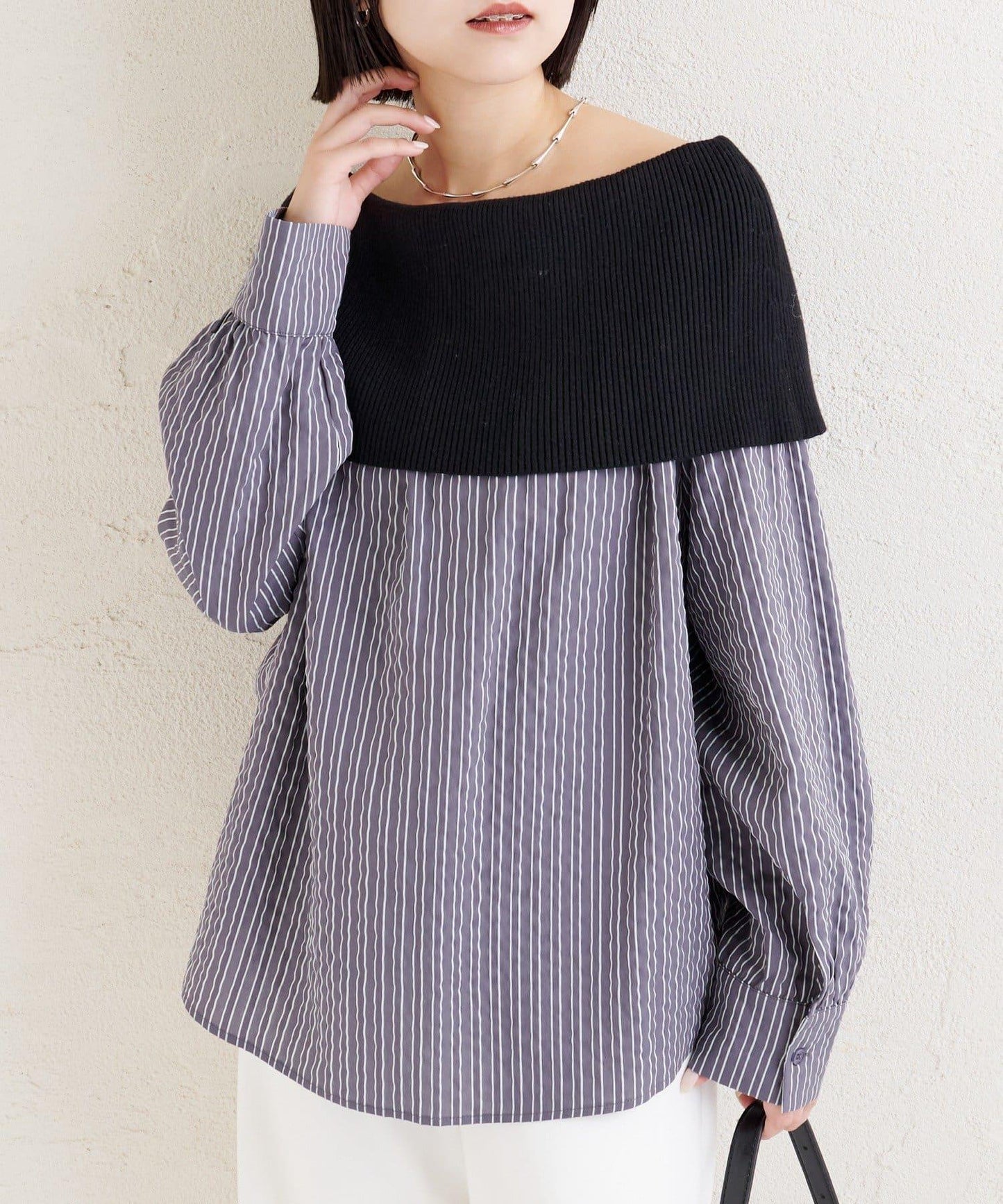 一字肩羅紋條紋襯衫