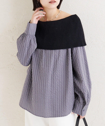 一字肩羅紋條紋襯衫