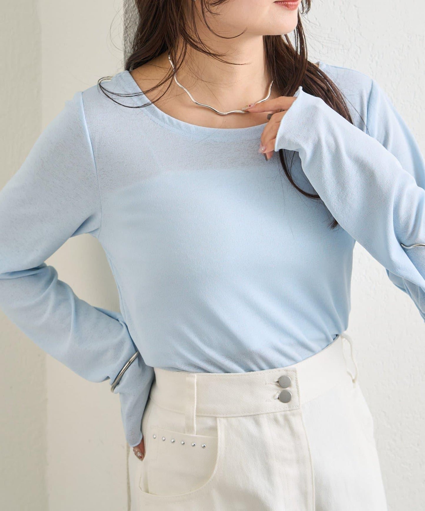 下襬褶皺透視長袖T恤