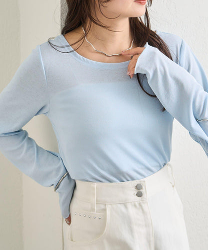 下襬褶皺透視長袖T恤