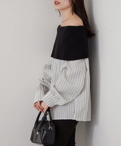 一字肩羅紋條紋襯衫