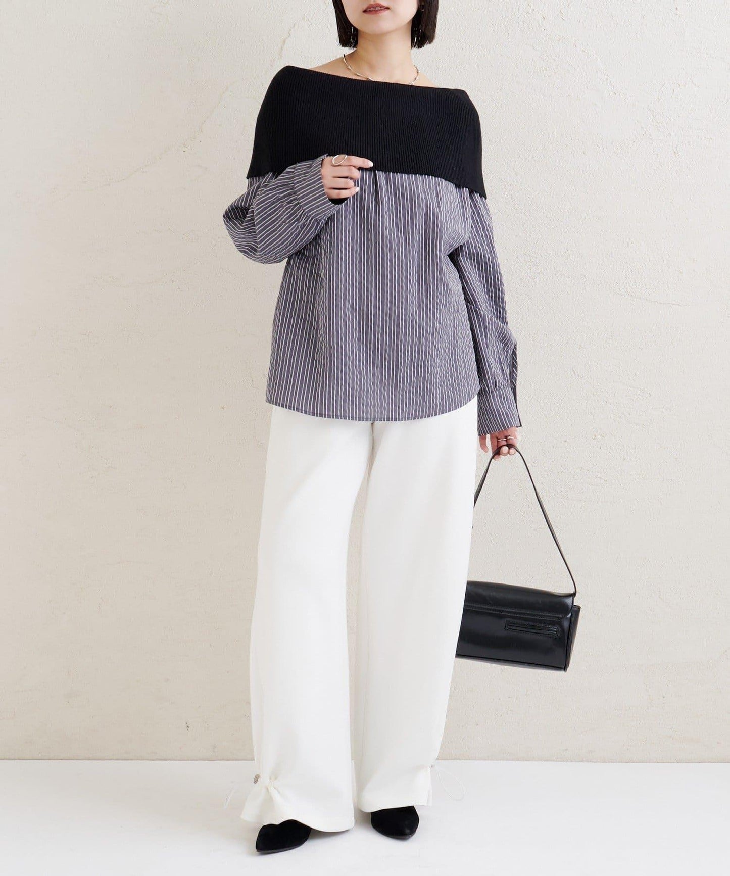 一字肩羅紋條紋襯衫