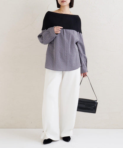 一字肩羅紋條紋襯衫