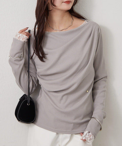 帶吊墜一字肩羅紋長袖T恤