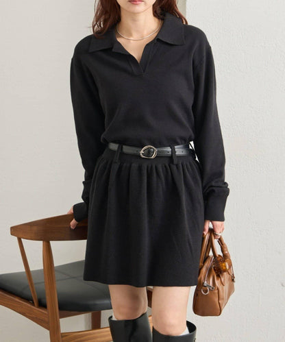 配腰帶針織翻領連衣裙