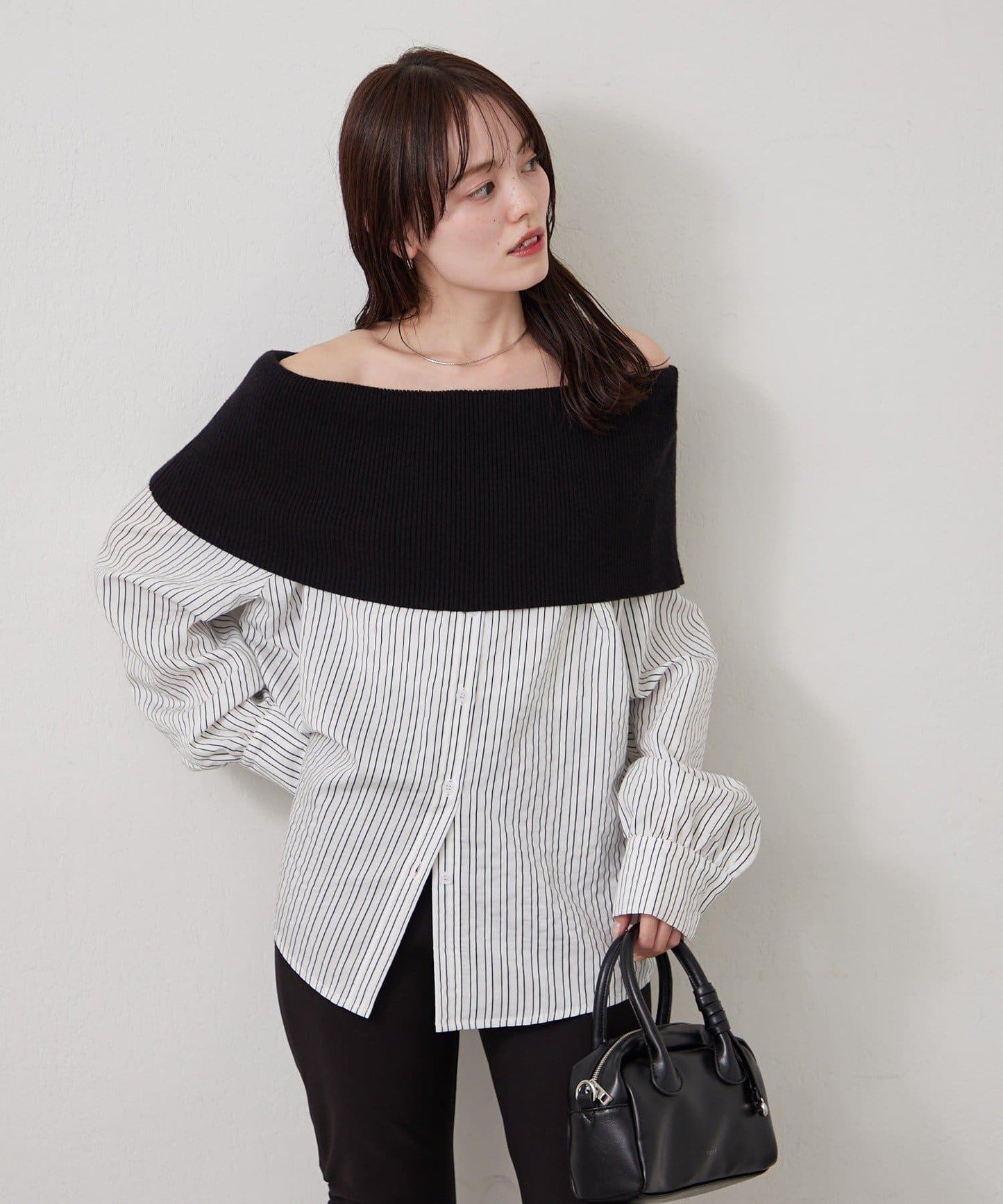 一字肩羅紋條紋襯衫