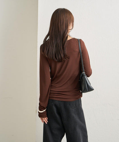 下襬褶皺透視長袖T恤