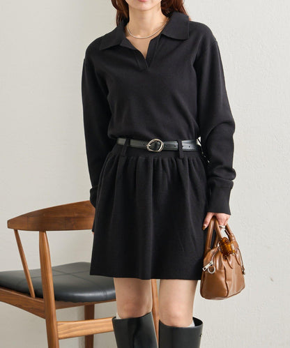 配腰帶針織翻領連衣裙
