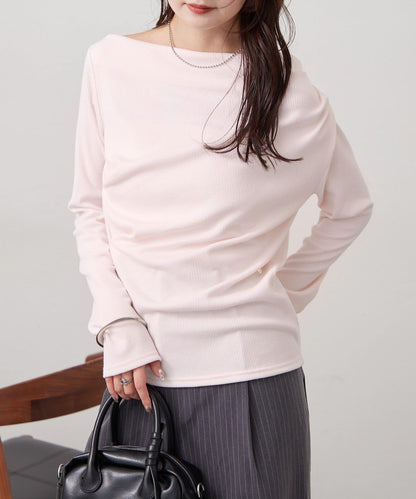 帶吊墜一字肩羅紋長袖T恤