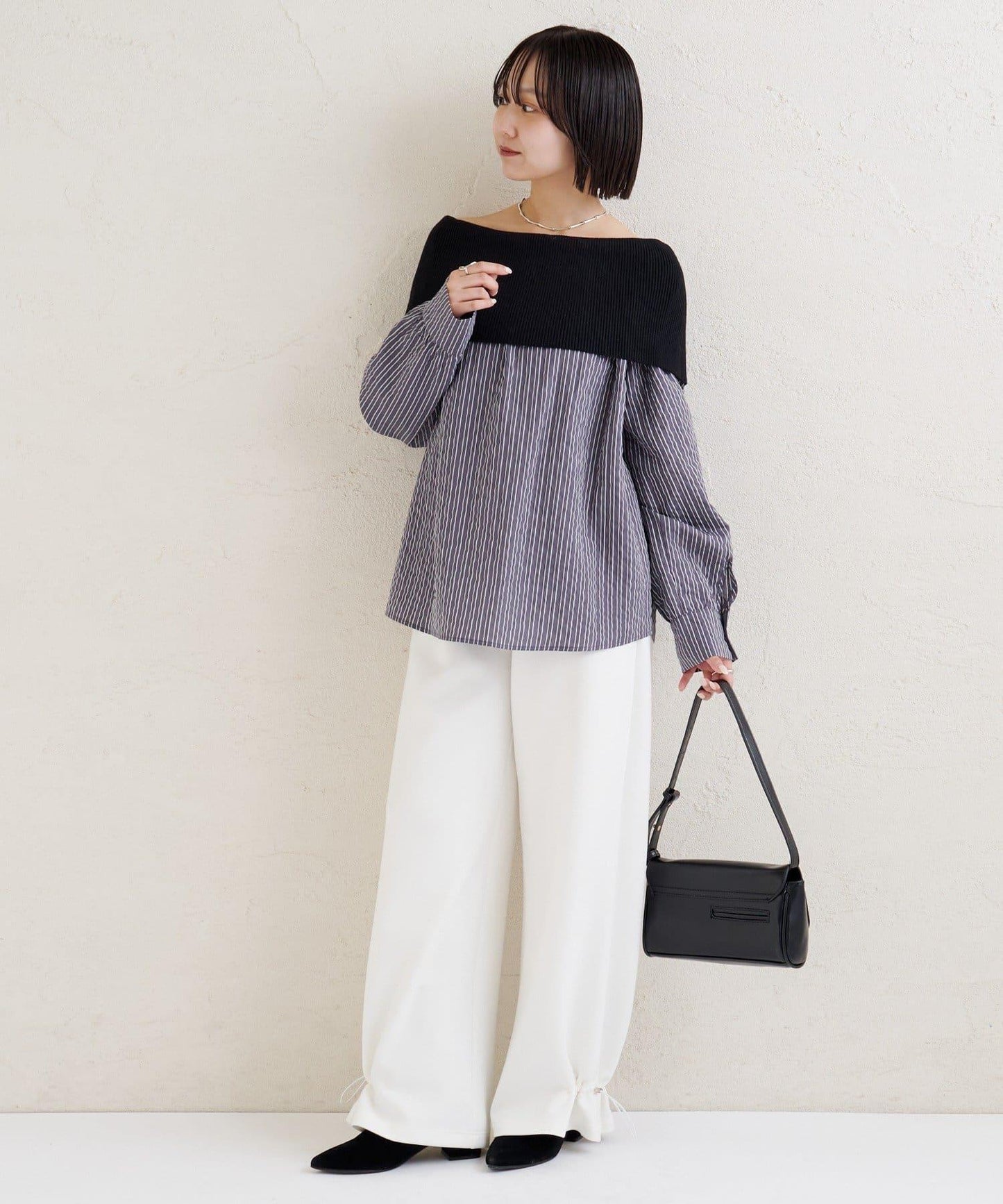 一字肩羅紋條紋襯衫